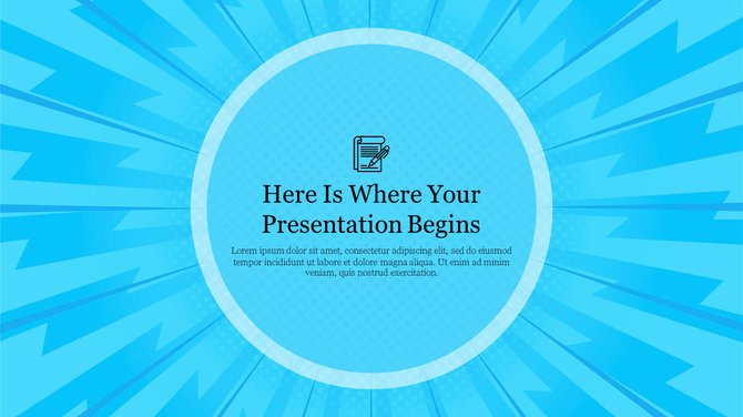 Vibrant sky blue slide with a circular center and radiating beams, featuring placeholder text.