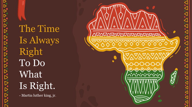 Illustration of Africa with intricate patterns in red, yellow, and green on a brown backdrop, bordered by colorful triangles.