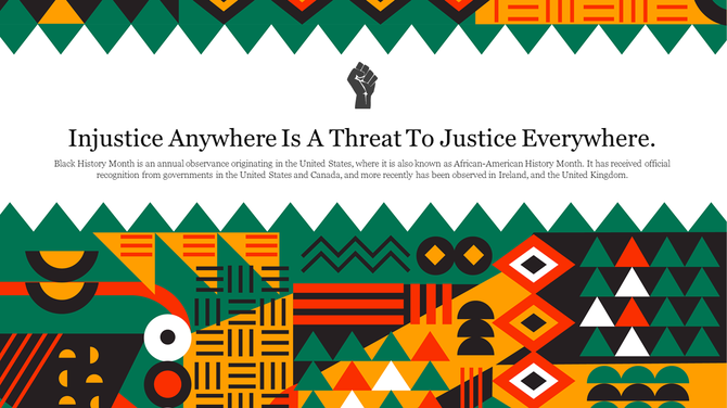 Black fist icon above centered text on white, bordered with African inspired patterns and zigzag edges top and bottom.