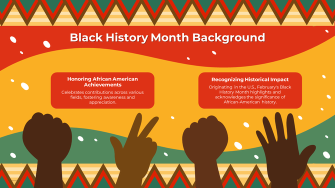 Slide featuring raised hands in brown tones with a red, yellow, and green wavy sections, bordered by a geometric pattern.