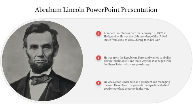 Black and white portrait of Abraham Lincoln with a brief description of his life and presidency.
