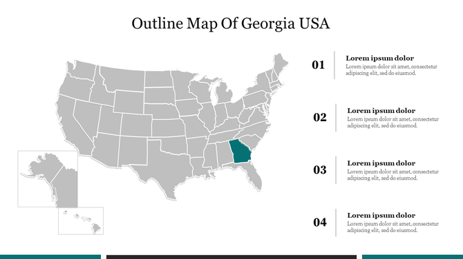 Gray map of the United States with Georgia highlighted in teal, and four numbered text sections listed on the right.
