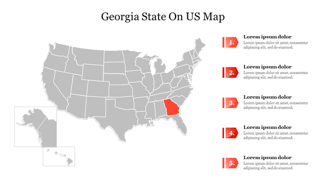 Georgia is highlighted in red on a grayscale US map, accompanied by numbered list descriptions on the right.
