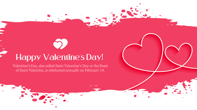Romantic illustration with overlapping outlined hearts and Valentine's Day text on a pink backdrop.