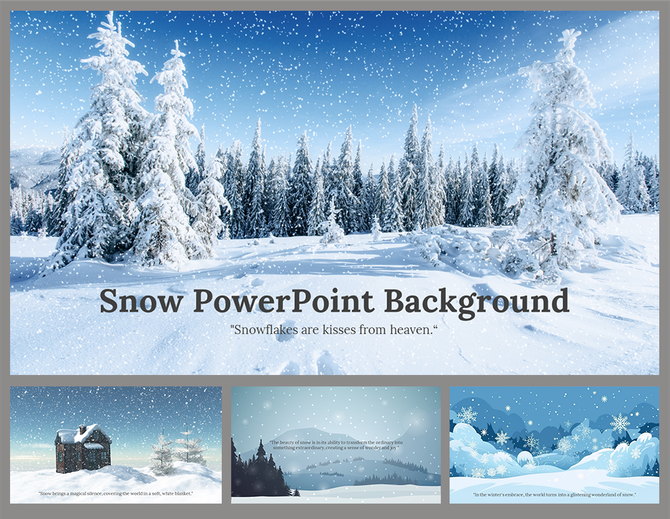 Snow-covered forest landscape with tall pine trees under a blue sky, snow falling lightly, creating a winter background.
