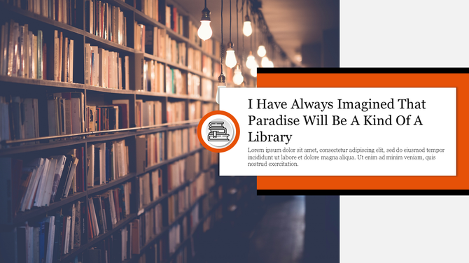 Dimly lit library aisle on left with hanging lights right side shows quote in white box with book icon and orange border.