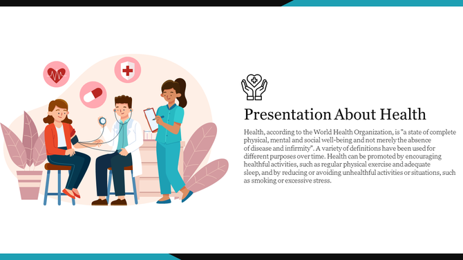 Health slide with an illustration of a doctor checking a patient  and a nurse beside, surrounded by medical icons.