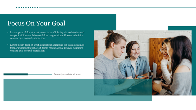Right side image of coworkers in discussion teal content blocks with heading and points on teamwork goals on the left.