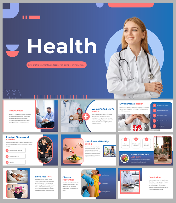 Health PPT slides featuring sections on physical, mental, and social well being with images of healthcare professionals.