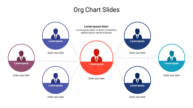 A colorful organizational chart PPT slide with circular icons and placeholder text for job positions.