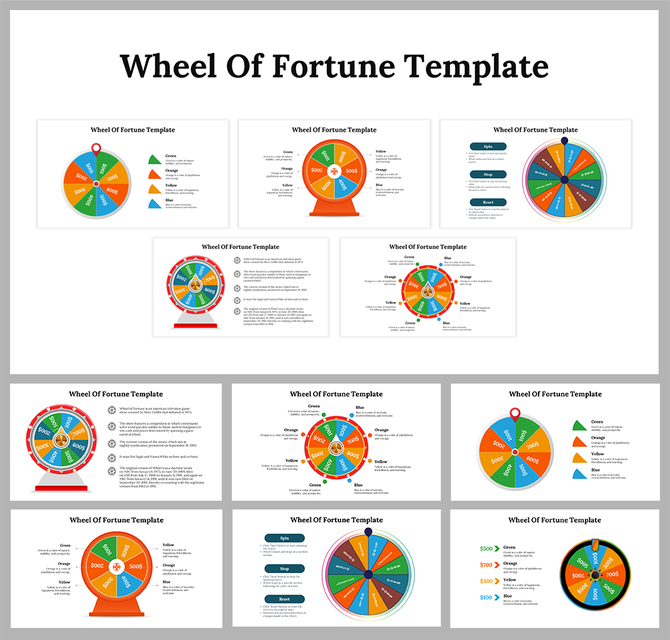 Set of slides featuring wheel of fortune designs, with distinct color segments, monetary amounts, and descriptive labels.