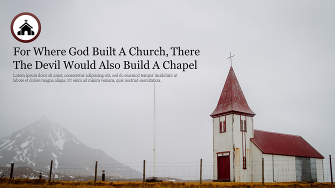 A red roofed church stands against a misty mountain backdrop, symbolizing faith and serenity.