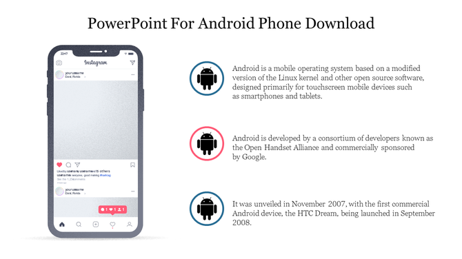 PowerPoint slide for Android phone showing an Instagram post layout with Android information and icons.