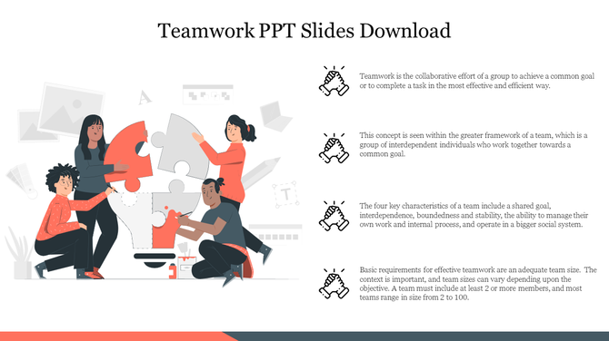 Illustration of a team assembling puzzle pieces accompanied by four text sections with icons explaining teamwork concepts.