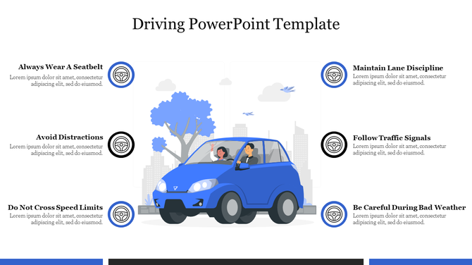 Driving safety template with an illustration of a car and two people inside, surrounded by six safety tips and captions.
