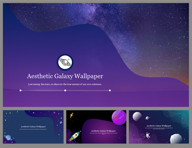 Aesthetic galaxy wallpaper templates showcasing cosmic elements like astronauts, rockets, and celestial bodies.