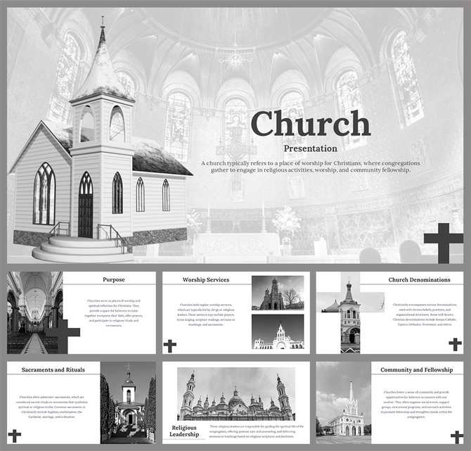 Black and white themed church slides with many topic sections and text descriptions with images.