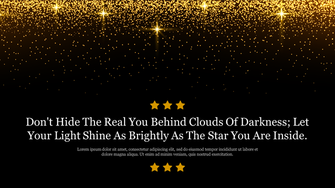 Black background with shimmering gold glitter falling from the top, accompanied by a motivational quote about shining bright.
