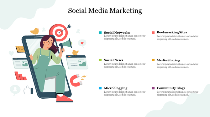 A graphic showing a woman with a megaphone in a mobile phone frame, surrounded by icons representing social media marketing.
