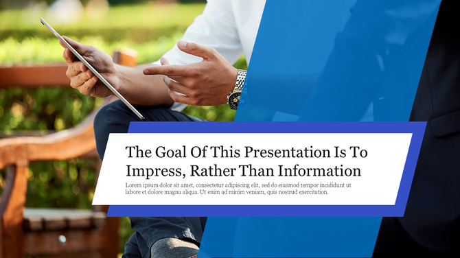 Motivational business slide with text over a split background of a man’s hands and tablet and a stylized blue overlay.