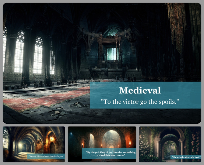 Slide deck showing a dark cathedral hall on a black and teal layout, with stone corridors and a garden arch.