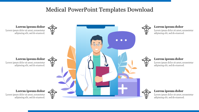 Illustration of a doctor in front of a phone screen, surrounded by medical symbols with six icons and text areas.