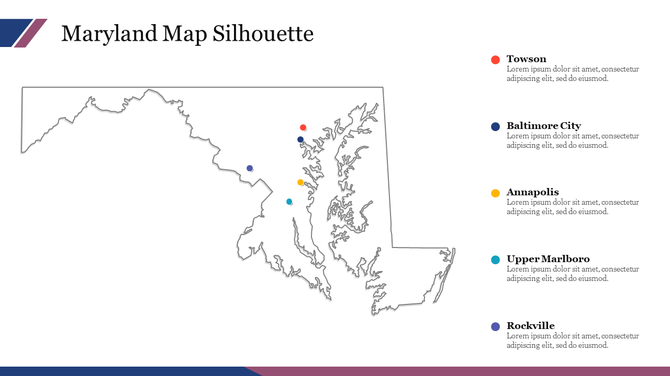 A Maryland map silhouette with labeled locations such as Towson, Baltimore City, and Annapolis on a white backdrop.