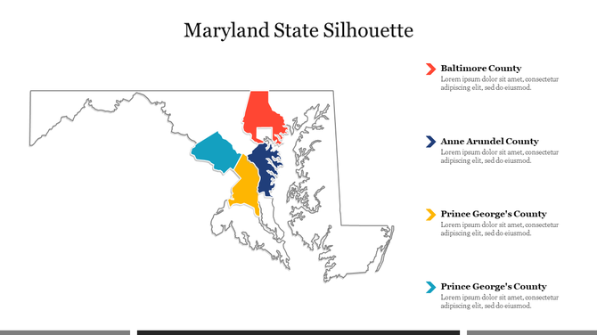 Maryland state silhouette with color coded regions from Baltimore to Prince George's counties, with captions for each.