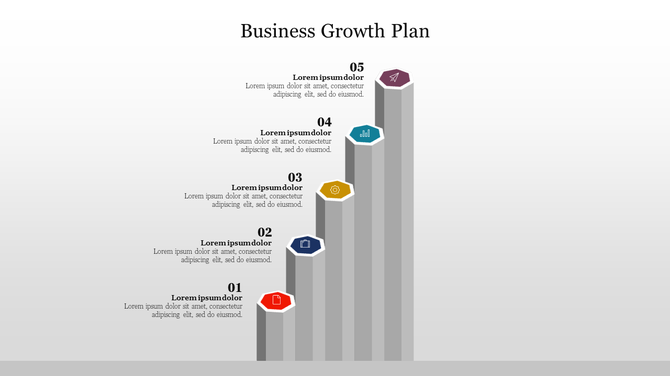 Business growth infographic with five gray blocks increasing in height, each step and color coded with hexagon icons.
