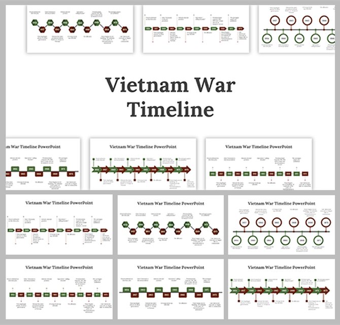 Deck of slides, showcasing events in a sequence with arrows and circular icons in green and brown colors.