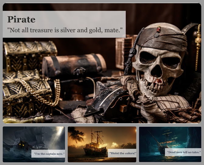 A striking pirate themed background slides featuring a skull, treasure chests, and pirate quotes with three ship themes.