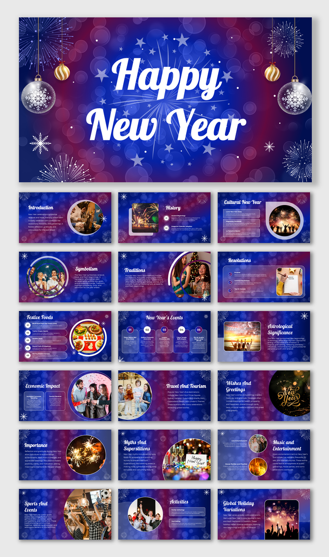 Festive New Year presentation with a fireworks and ornaments cover slide, followed by themed slides.