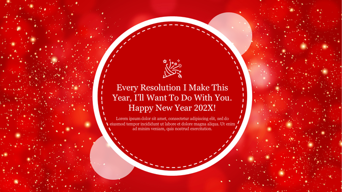 Bright red background with golden dots, showcasing a circular frame with a New Year message and fireworks icon.