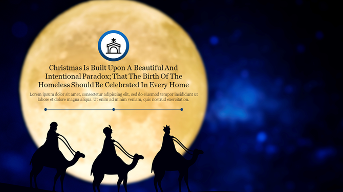 Spiritual Christmas visual with three wise men on camels silhouetted against a large moon and a quote on faith and home.