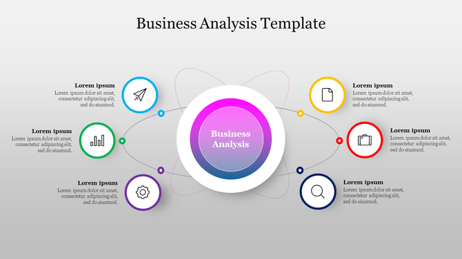 Business analysis slide with a central pink gradient circle surrounded by  six colorful icons with text, on a gray backdrop.