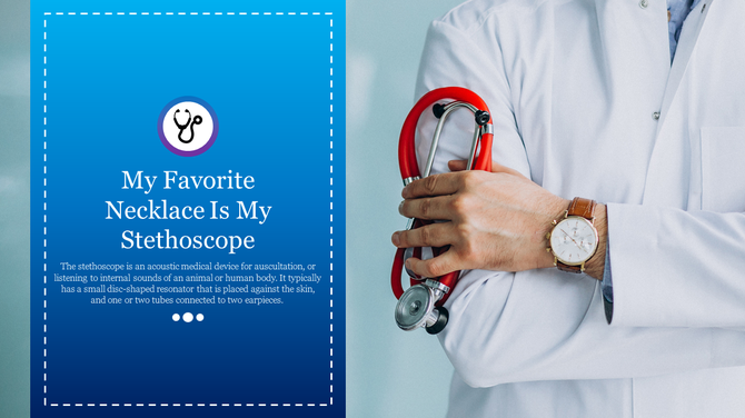 Slide featuring a stethoscope with a description of its use in auscultation, emphasizing its importance in medicine.