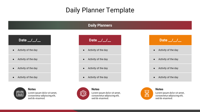 Daily planner template with three columns listing activities and a notes section below each column with icons.
