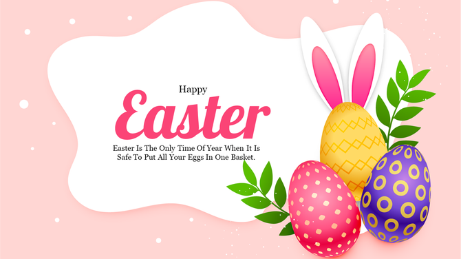 Christian Easter PowerPoint template featuring colorful eggs, green leaves, and bunny ears on a pastel pink background.