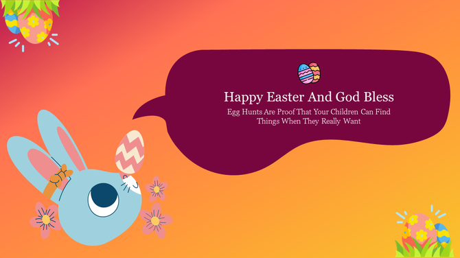 Easter slide design with a playful rabbit, colorful eggs, flowers, and a holiday blessing message on a gradient background.