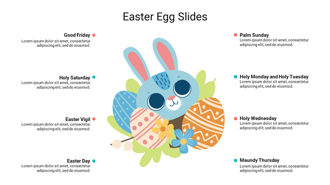 Colorful illustration of a bunny with Easter eggs at the center, surrounded by eight caption areas with colored dots.