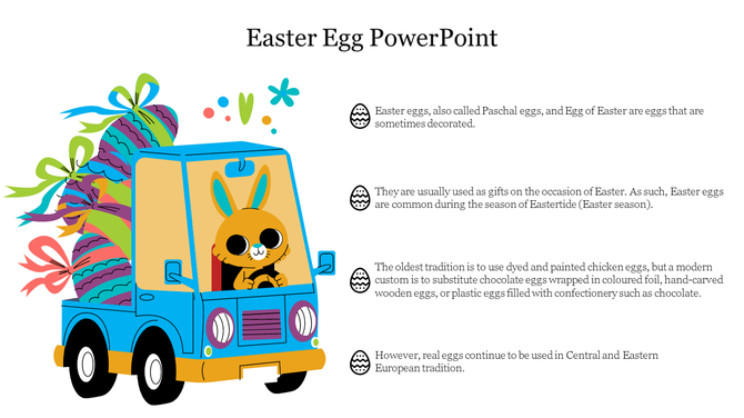 Illustration of a bunny driving a blue truck filled with colorful Easter eggs adorned with ribbons, alongside text.