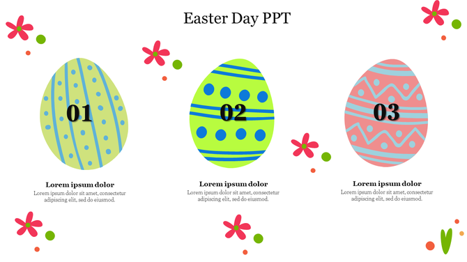 Easter slide featuring three colorful eggs with patterns, numbered 01, 02, and 03, surrounded by floral decorations.