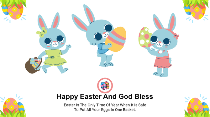 Three blue illustrated bunnies in colorful outfits holding Easter eggs, surrounded by decorative eggs and flowers.
