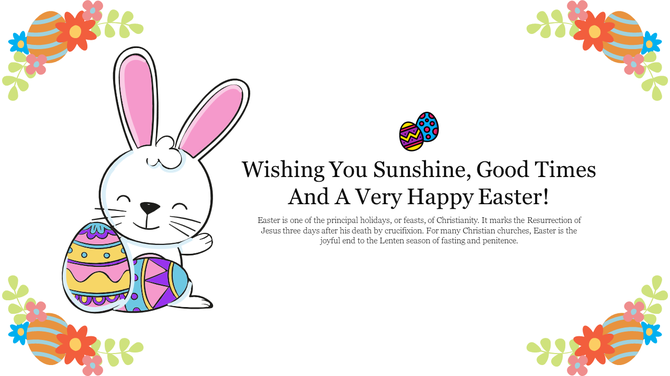 Easter themed PowerPoint slide with a cute bunny and colorful Easter eggs.