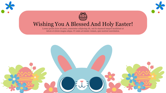 Easter themed slide with a pastel bunny, colorful eggs, and floral decorations under a pink header with festive text.
