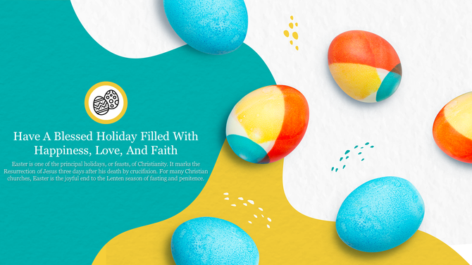Easter slide featuring colorful eggs on a textured background with abstract yellow and blue accents and festive text.