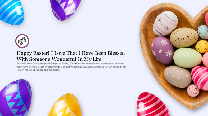 Happy Easter message with a colorful background of decorative eggs in a wooden bowl.