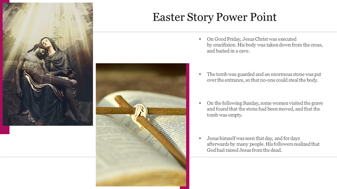 Easter slide featuring an image of Jesus and Mary on the left and a Bible with a cross on the right, and text.