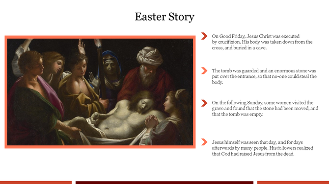 Painting depicting the burial of Jesus with mourners, paired with text explaining key events of the Easter story.