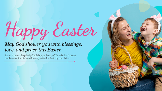Easter themed slide with a cheerful mother and son wearing bunny ears, holding a basket of eggs against a blue background.